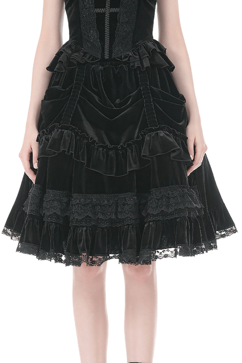 Black Velvet Gothic Lolita Ruffle Midi Skirt with Lace