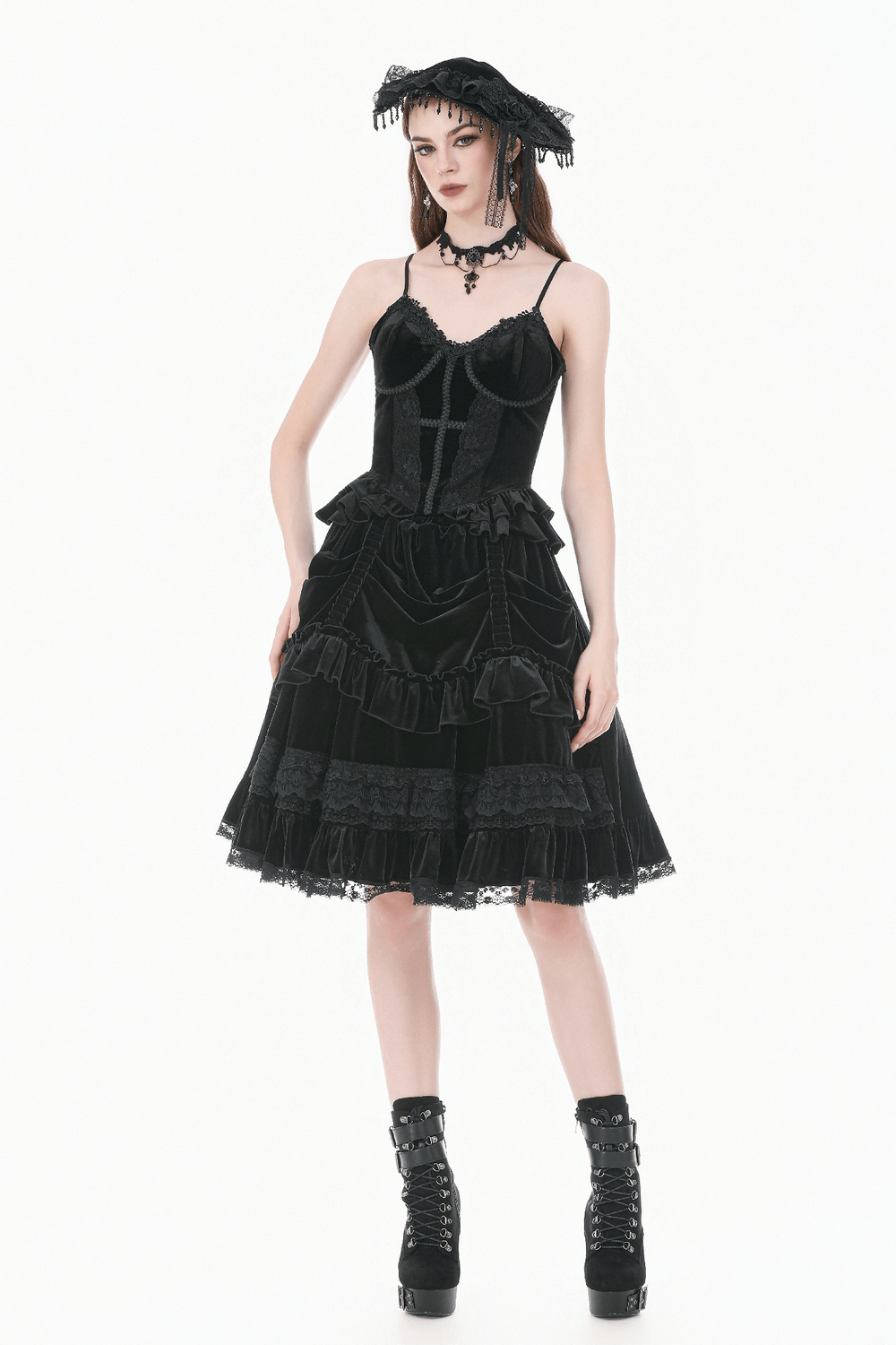 Black Velvet Gothic Lolita Ruffle Midi Skirt with Lace