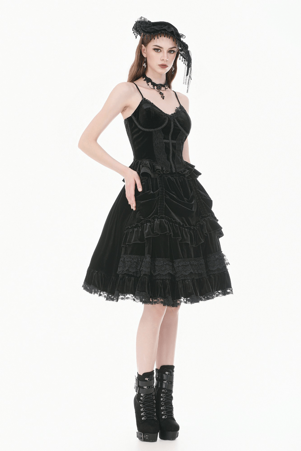Black Velvet Gothic Lolita Ruffle Midi Skirt with Lace