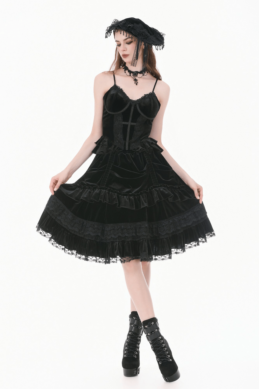 Black Velvet Gothic Lolita Ruffle Midi Skirt with Lace