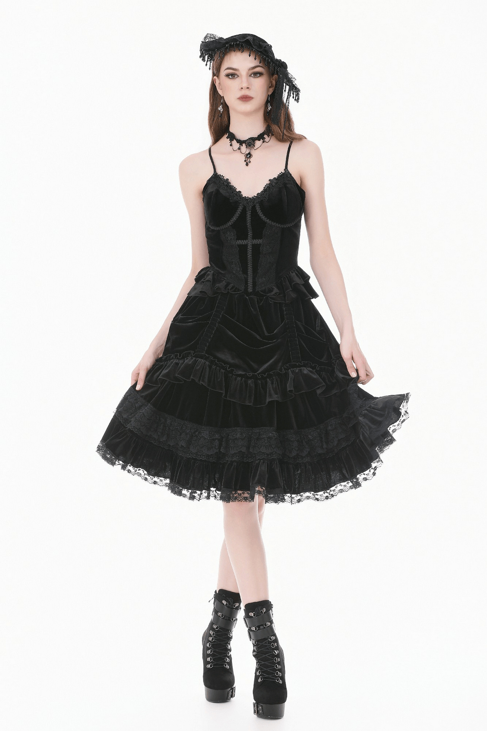 Black Velvet Gothic Lolita Ruffle Midi Skirt with Lace