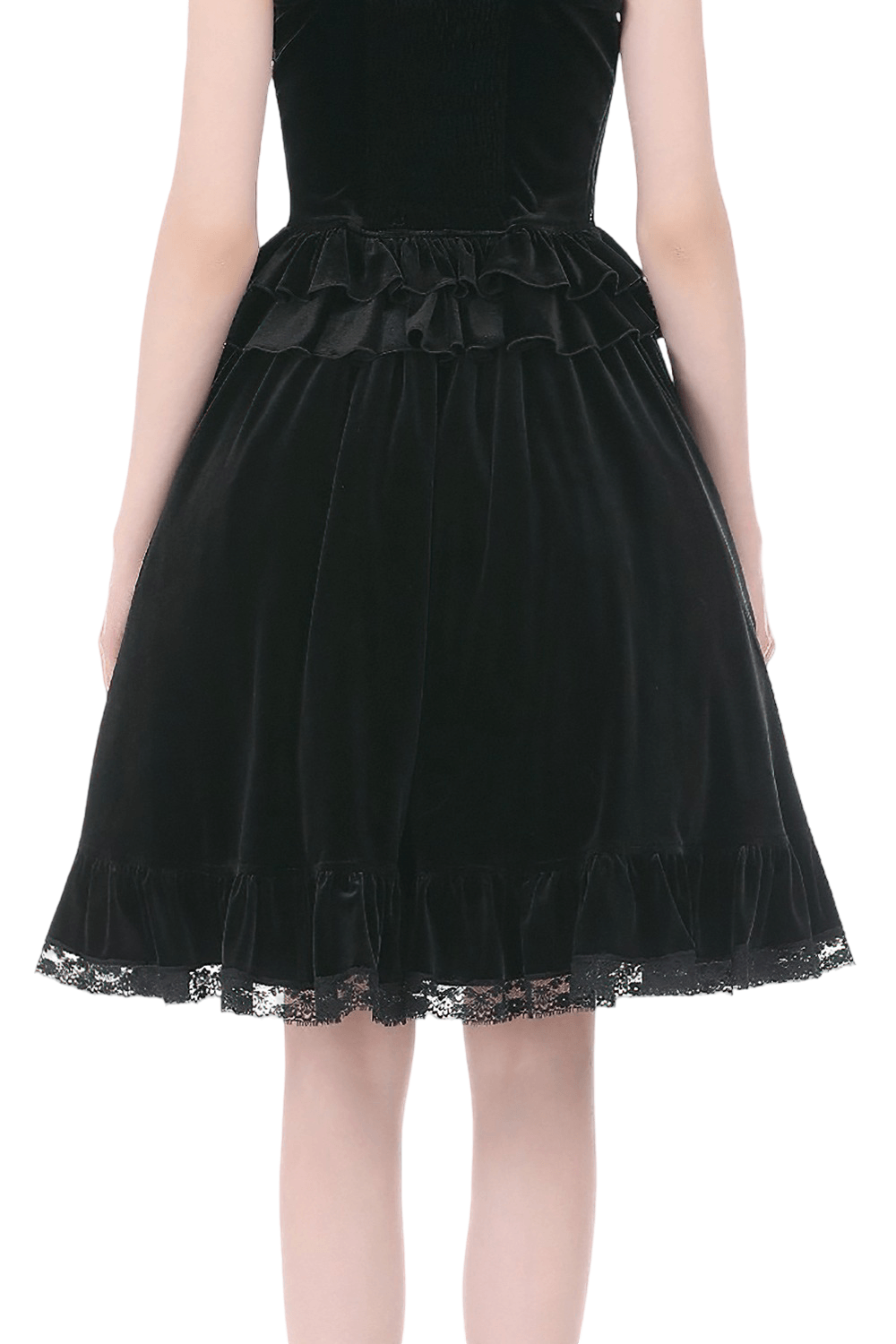 Black Velvet Gothic Lolita Ruffle Midi Skirt with Lace