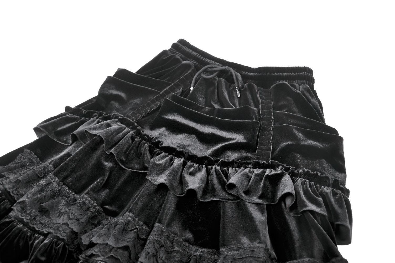 Black Velvet Gothic Lolita Ruffle Midi Skirt with Lace