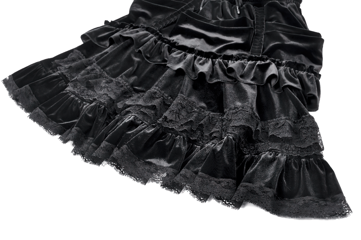 Black Velvet Gothic Lolita Ruffle Midi Skirt with Lace