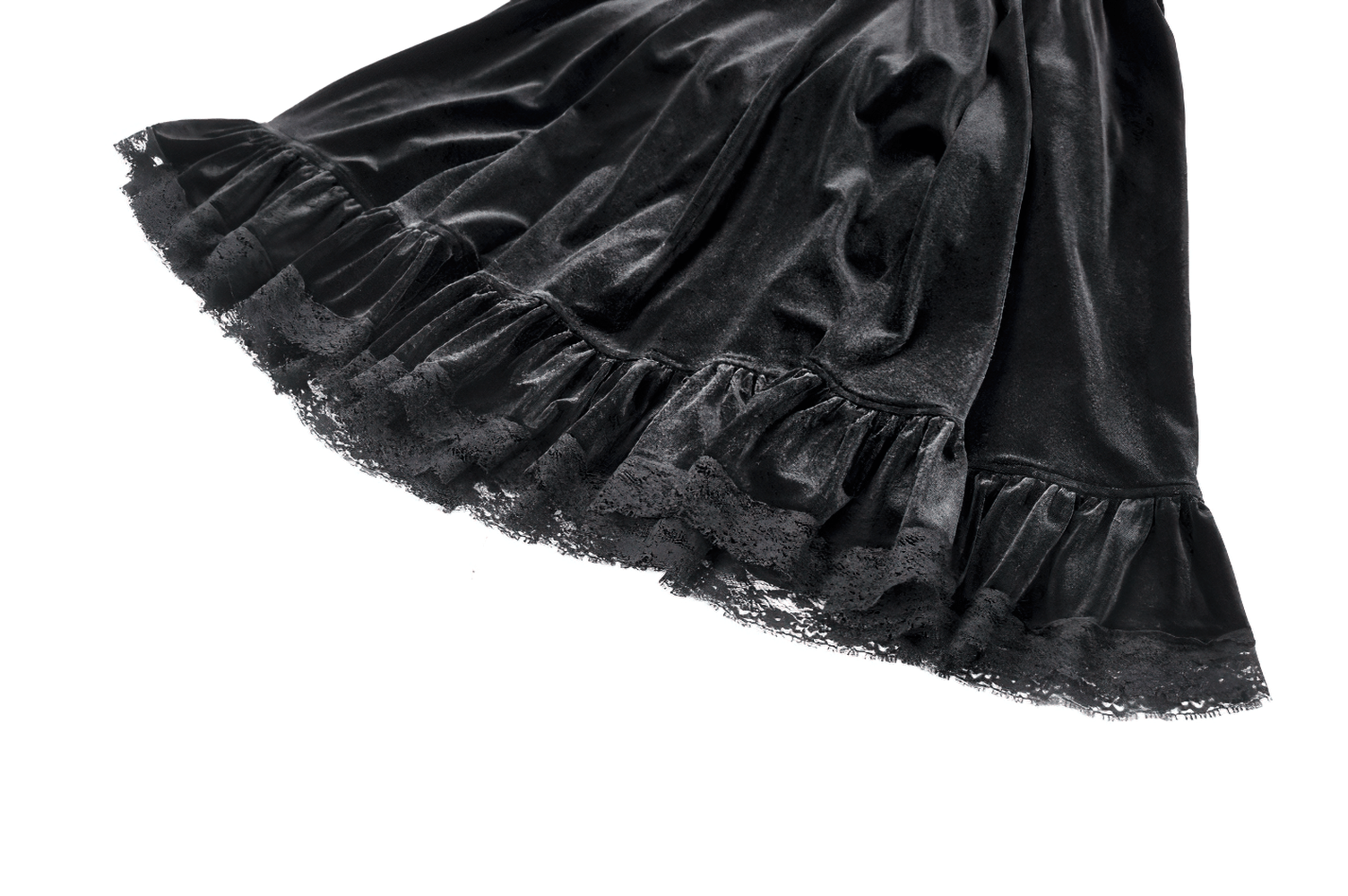 Black Velvet Gothic Lolita Ruffle Midi Skirt with Lace