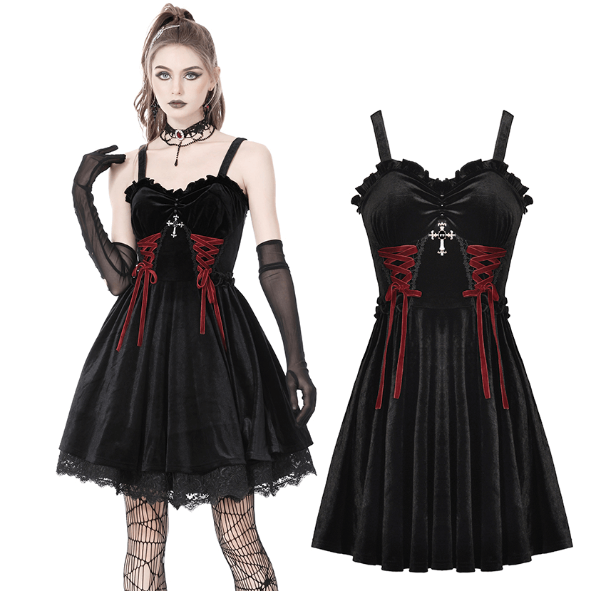 Black Velvet Gothic Mini Dress with Cross Detail