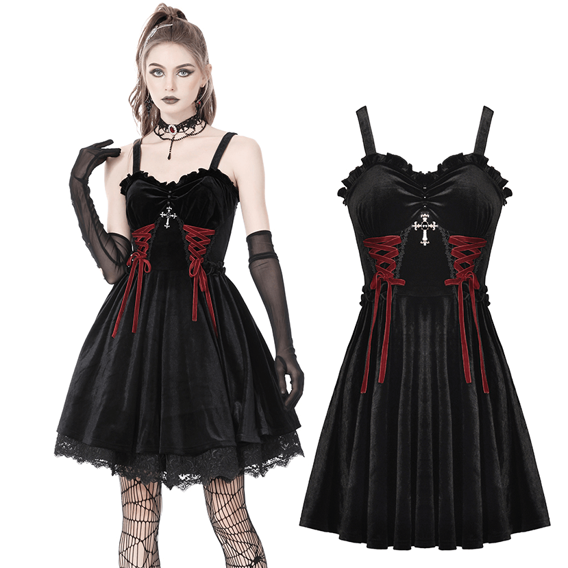 Gothic black velvet mini dress with red corset detailing and cross design, perfect for dark romance and Halloween parties.