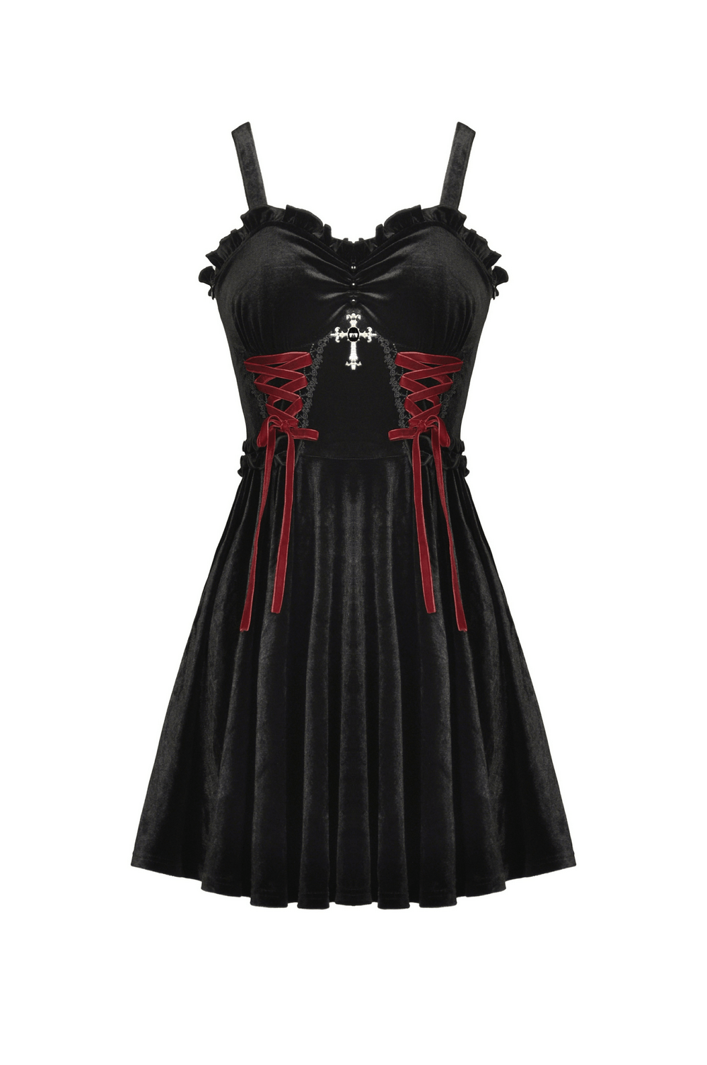 Black Velvet Gothic Mini Dress with Cross Detail