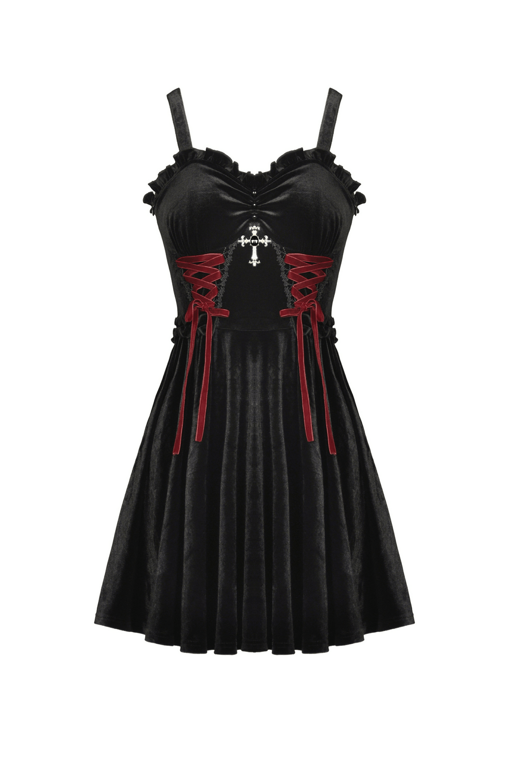 Black velvet gothic mini dress with cross detail and lace-up front, perfect for dark romantic occasions.