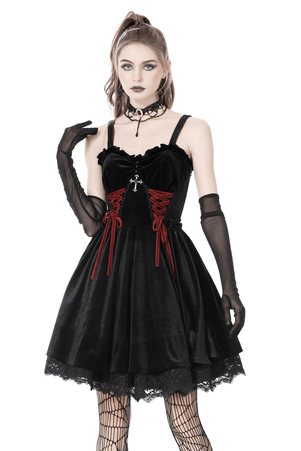 Gothic black velvet mini dress with cross detail and red lace, perfect for dark romantics and Halloween soirées.