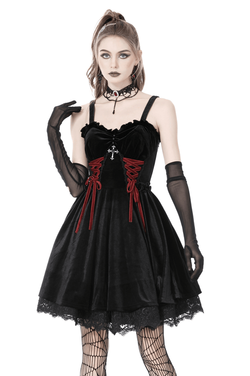 Mini-robe gothique en velours noir avec détail croisé