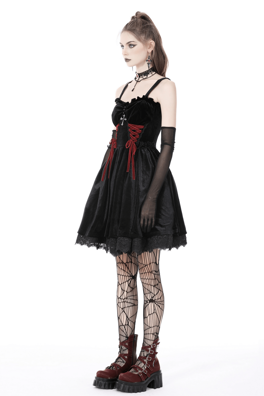 Black velvet gothic mini dress with cross detail, lace trim, and style inspiration for dark romantics.