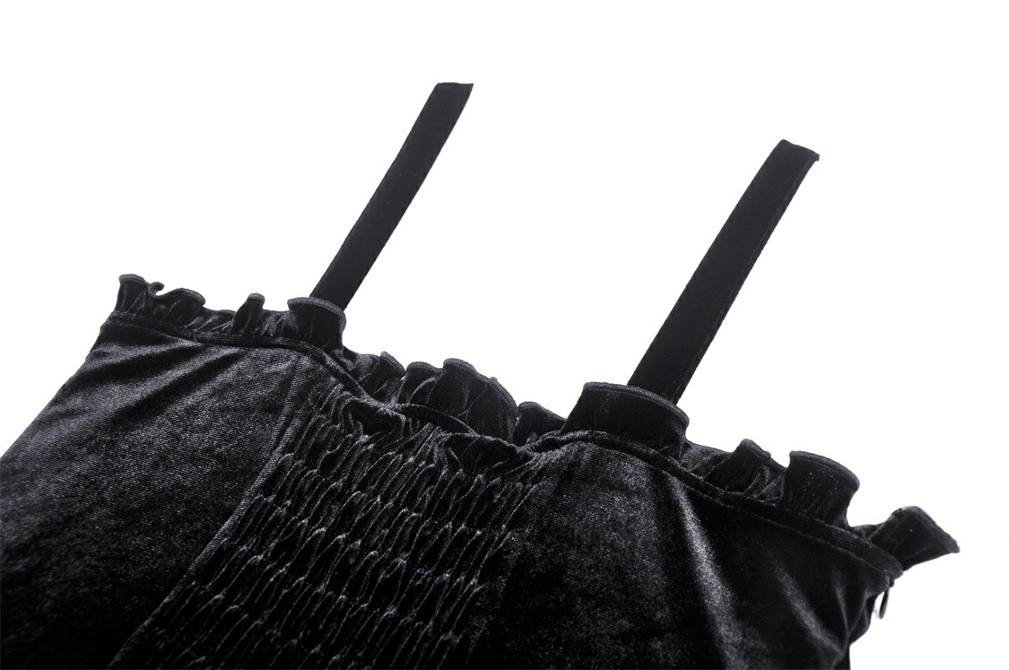 Black velvet mini dress strap detail with ruffles for a gothic and romantic look.