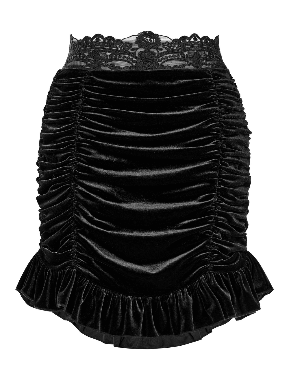 Black velvet gothic ruffle mini skirt with lace waist, featuring ruffled hem and adjustable drawstring for a tailored fit.