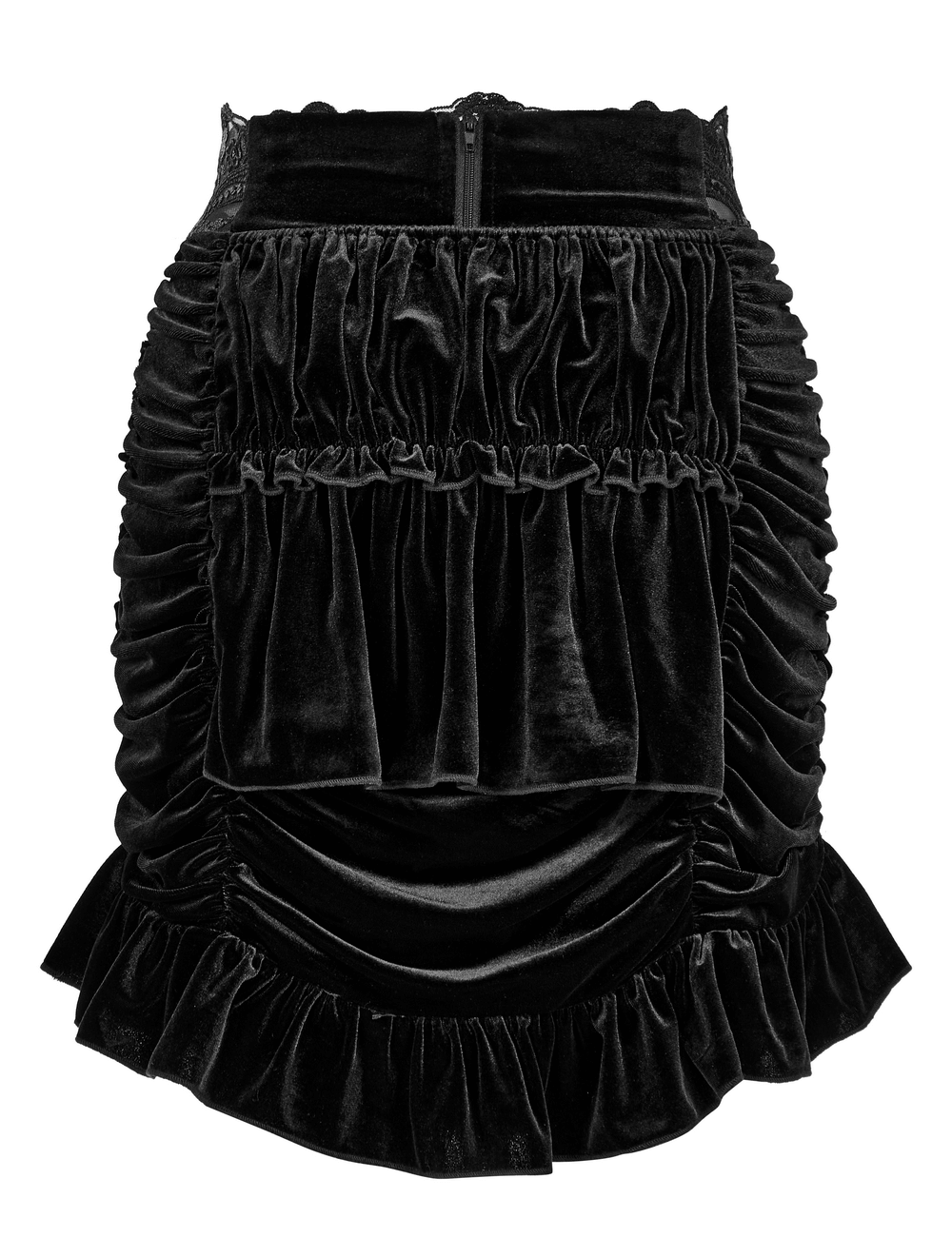 Black velvet gothic mini skirt with ruffled hem and lace trim for a Victorian-inspired look.