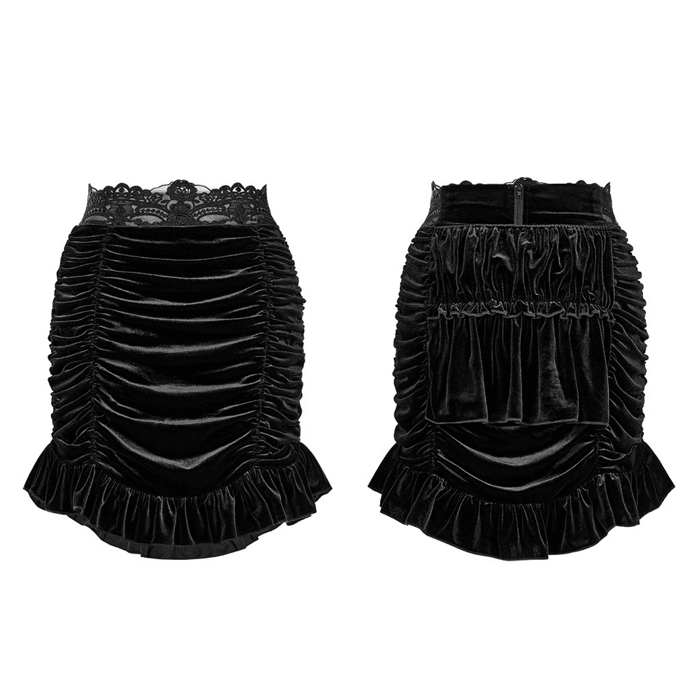 Black velvet gothic ruffle mini skirt with lace waist and adjustable drawstring for a flattering fit.