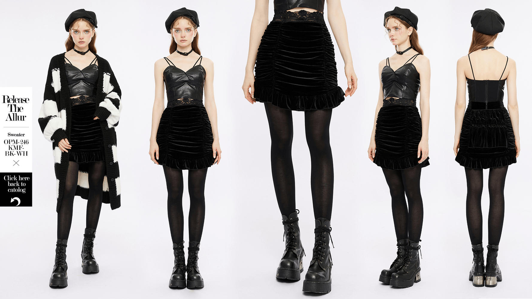 Black velvet gothic mini skirt with lace waist, showcasing ruffled hem and adjustable drawstring for a flattering fit.