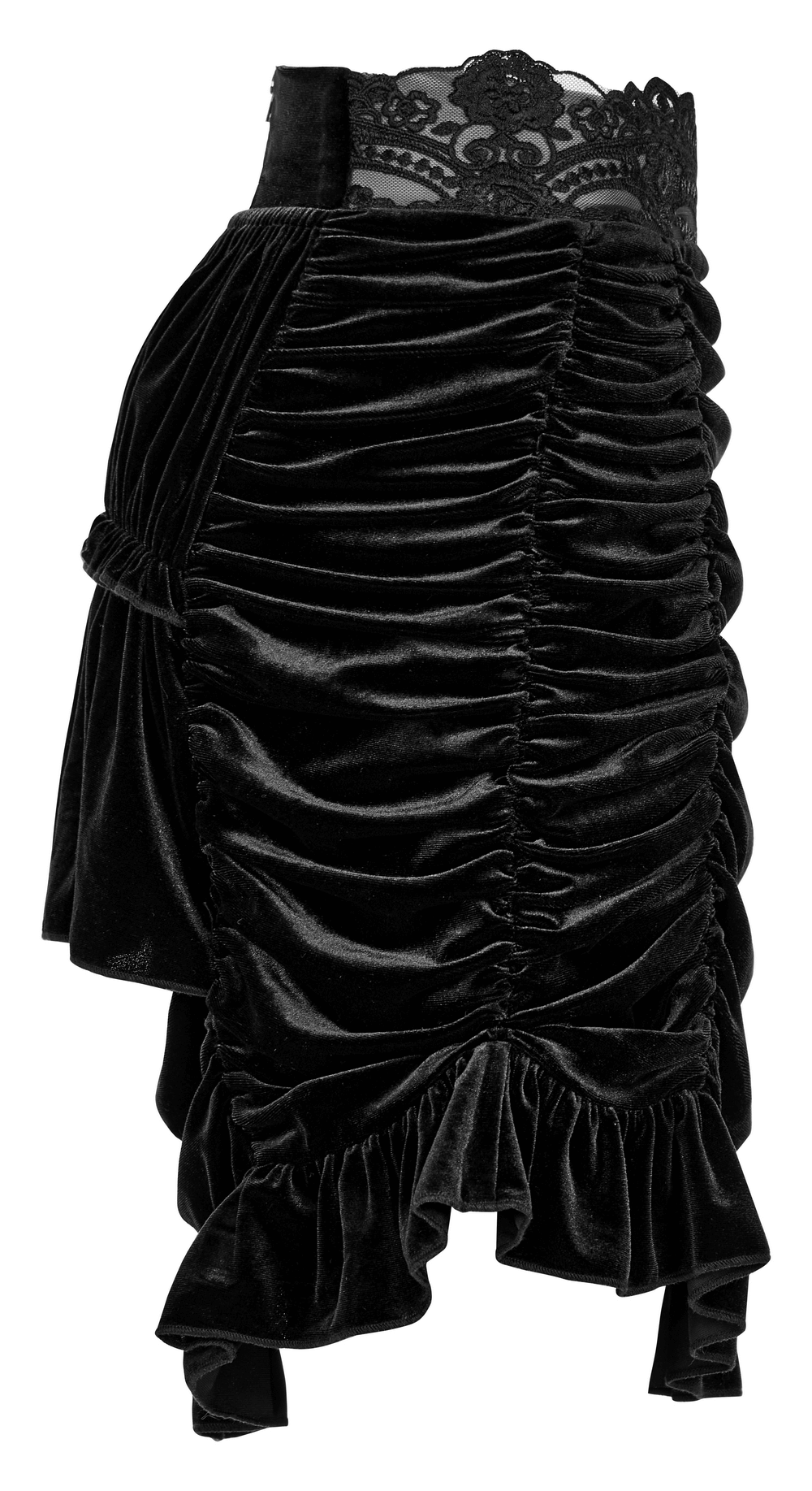 Black velvet gothic mini skirt with lace waist and ruffle hem, perfect for a dark, Victorian-inspired outfit.