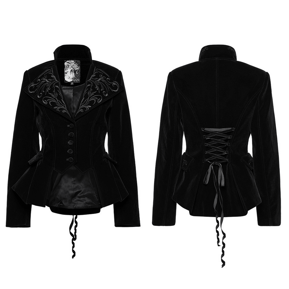 Black velvet gothic tailcoat jacket with embroidered collar and lace-up back, featuring pleated pocket covers.