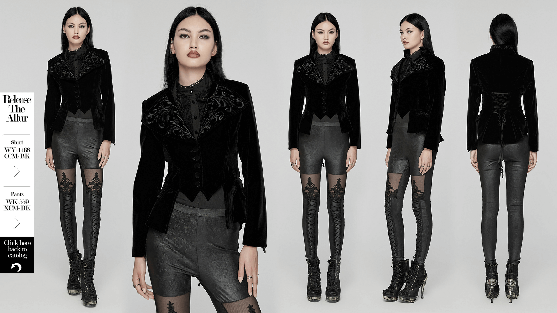 Black velvet gothic tailcoat with embroidered collar, elegant jacket showcasing corset waist detail and textured buttons.