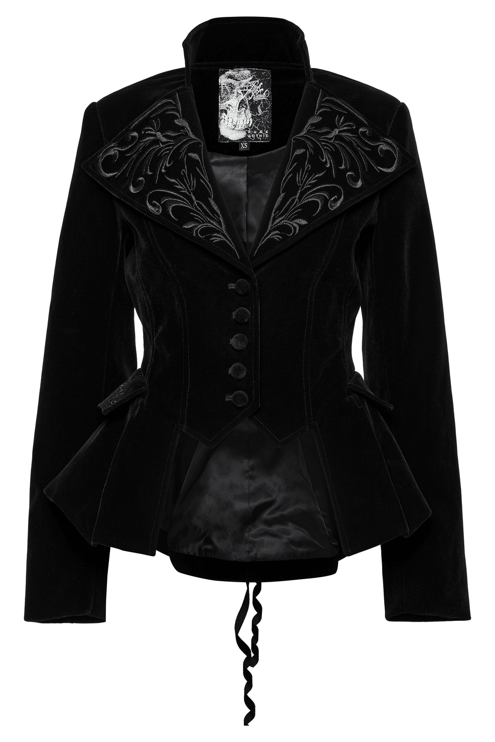 Black velvet gothic tailcoat jacket with embroidered collar, corset waist, and lace-up back detail.