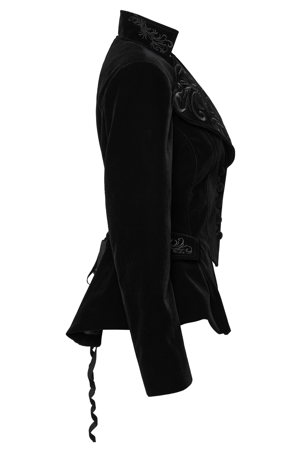 Elegant black velvet gothic tailcoat with embroidered collar and lace-up back detail.