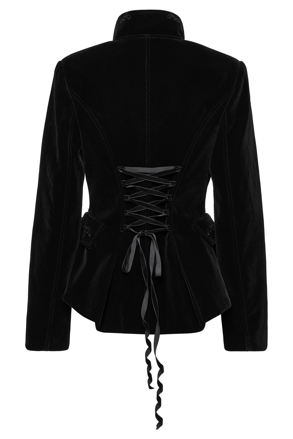Back view of a black velvet gothic tailcoat with lace-up detailing and embroidered collar.