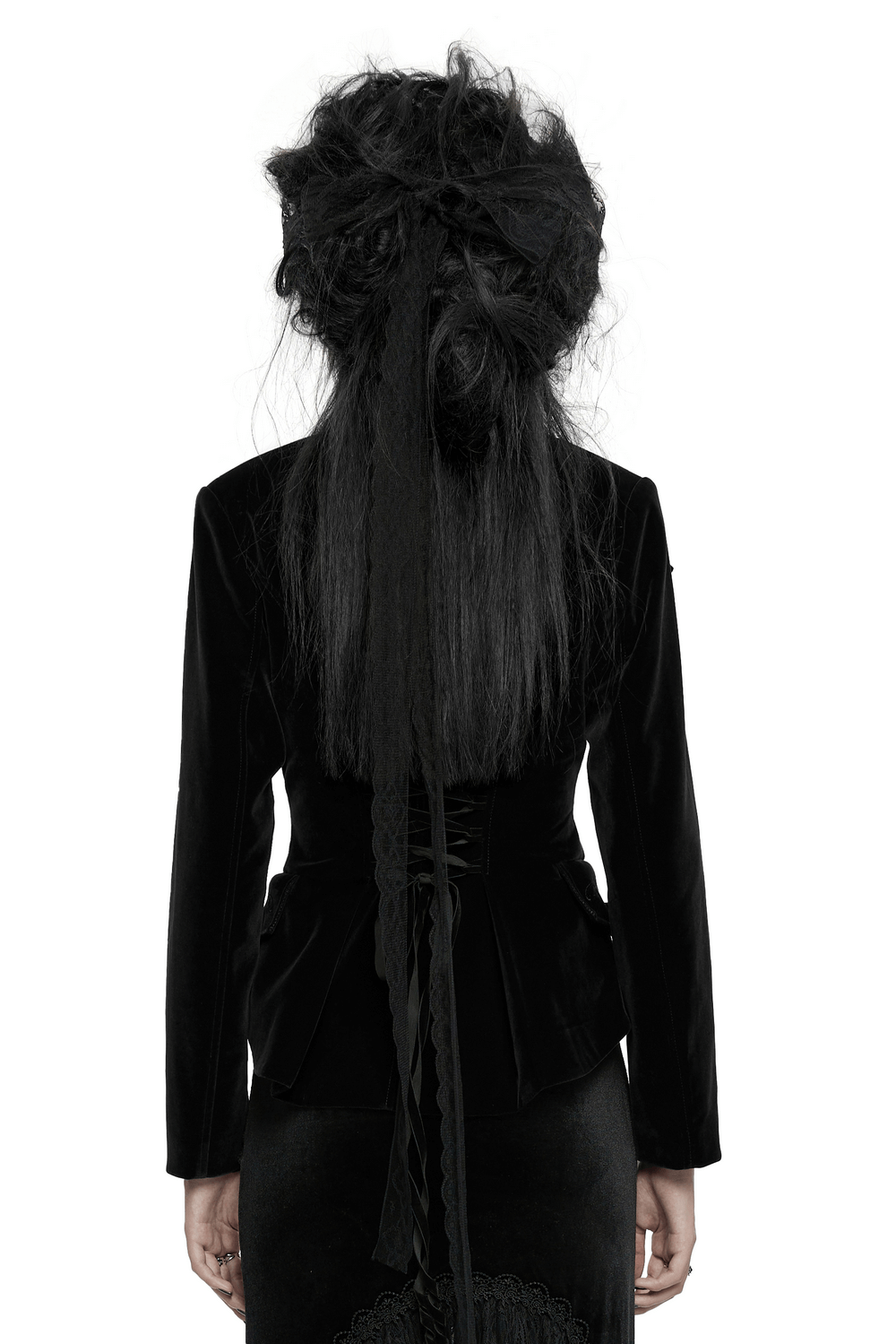Back view of a black velvet gothic tailcoat with lace-up detail and elegant silhouette.