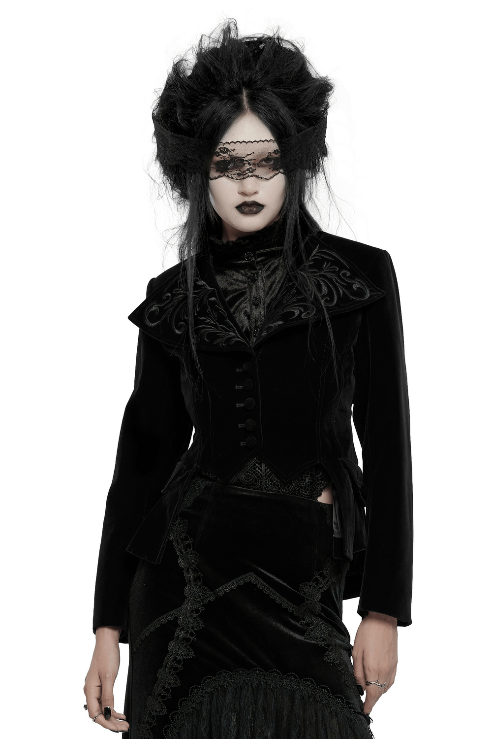 Elegant black velvet gothic tailcoat with embroidered collar and lace-up back detail