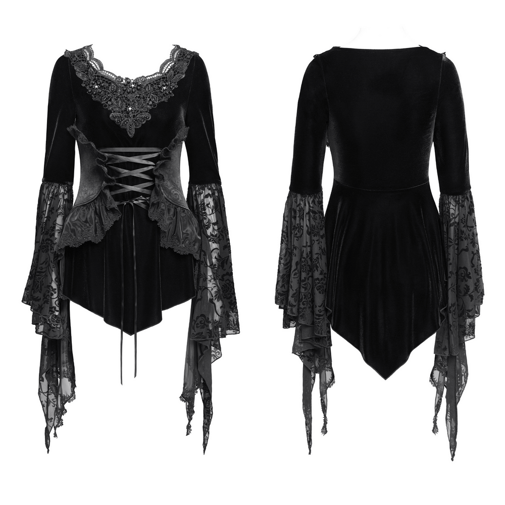 Black velvet gothic top with lace sleeves and corset front, featuring Victorian lace trim and dramatic bell sleeves.