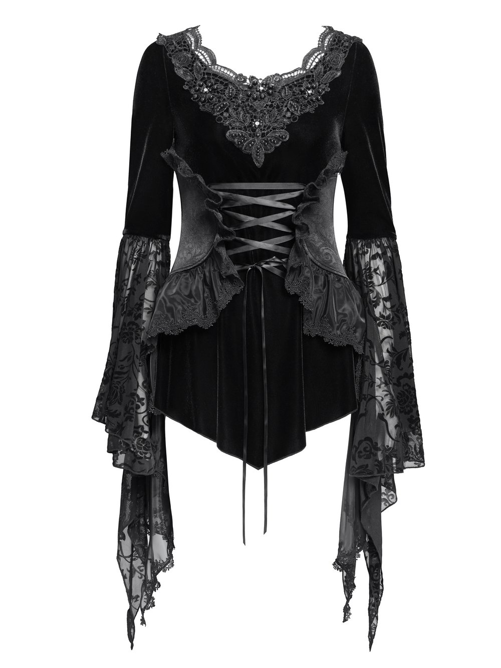 Black velvet gothic top with corset front, lace sleeves, and Victorian-style lace trim for a dramatic look.