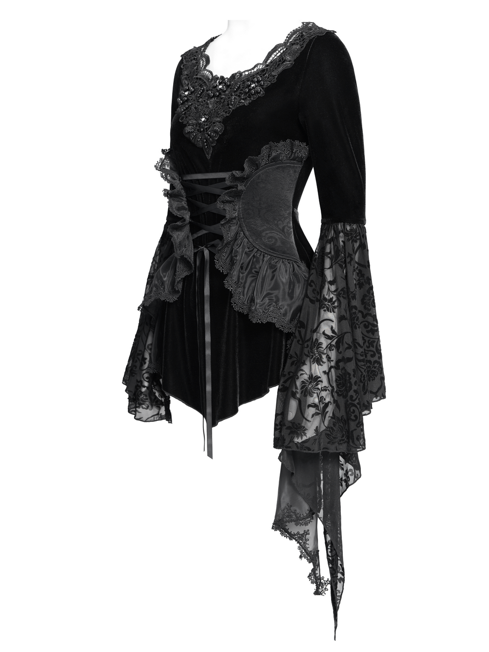 Black velvet gothic top with sheer flared sleeves and corset detail, perfect for cosplay or evening wear.
