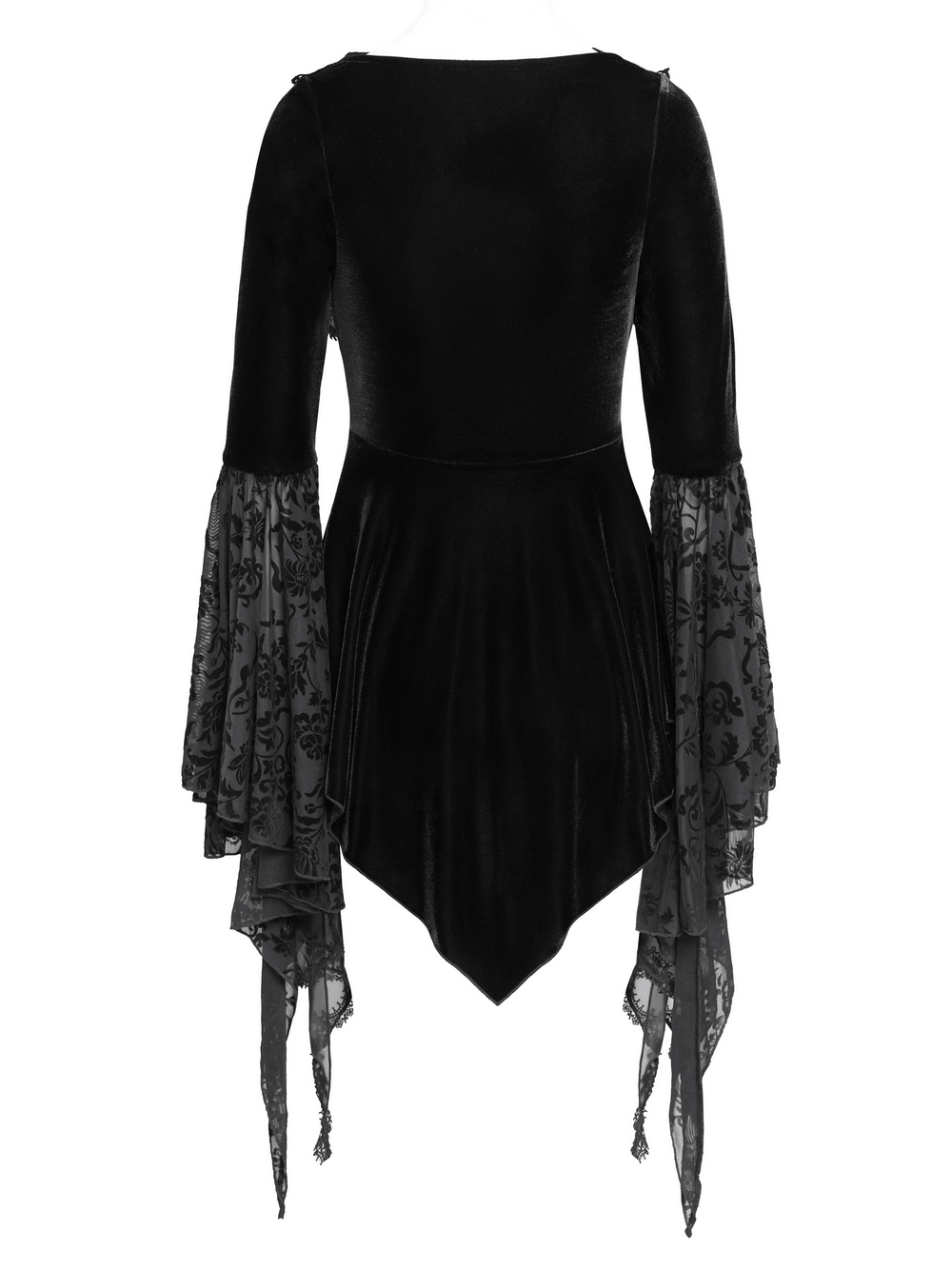 Back view of black velvet gothic top with sheer flared lace sleeves and asymmetrical hemline.