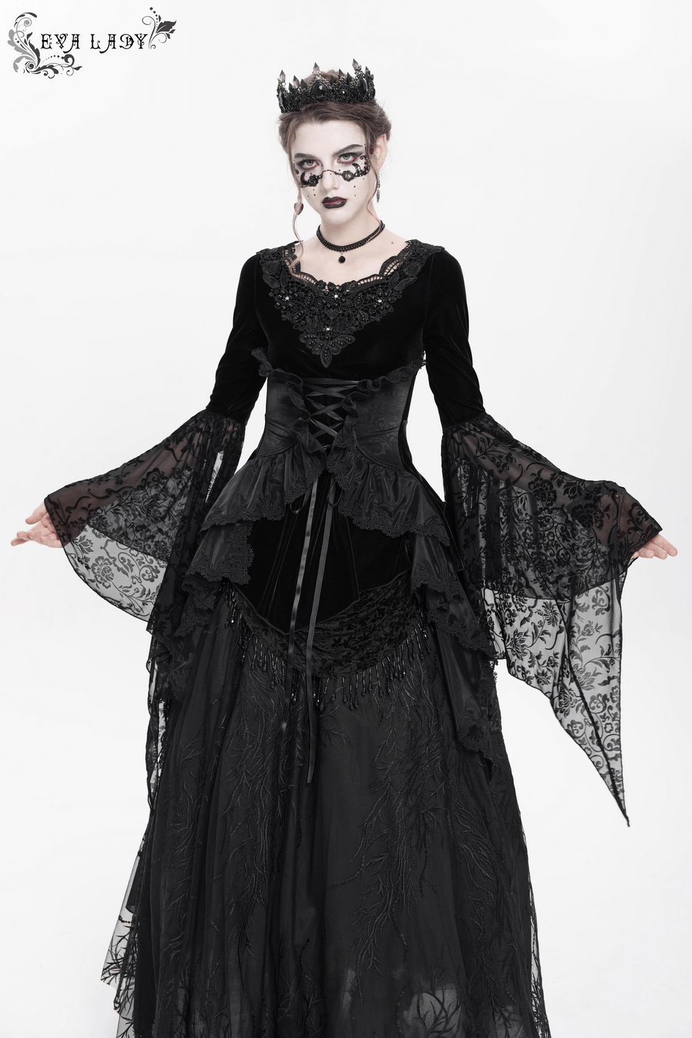 Black velvet gothic top with corset front, lace sleeves, and Victorian lace trim for a dramatic evening look.