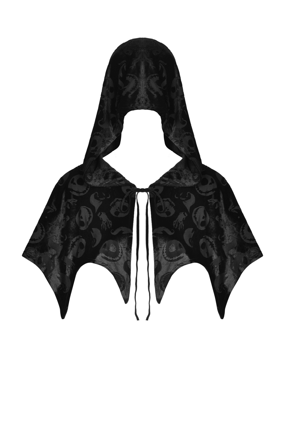 Gothic black velvet hooded cape with skulls design, perfect for Halloween or cosplay.