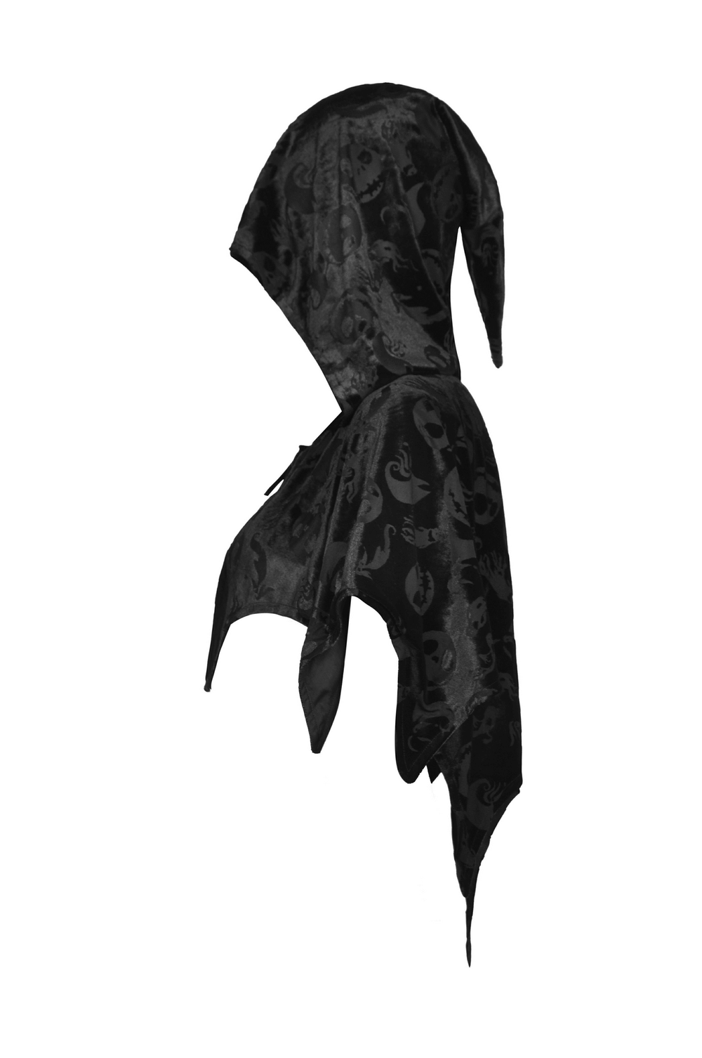 Elegant black velvet hooded cape featuring spooky skull print, perfect for Halloween or cosplay.