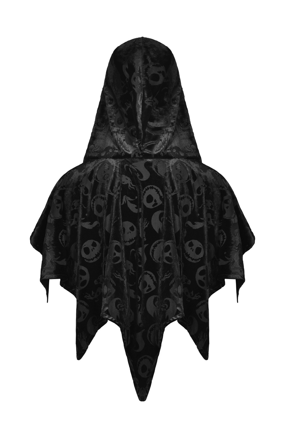Black velvet hooded cape with skull print design, perfect for Halloween or cosplay.