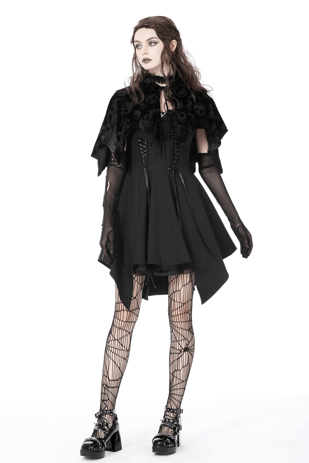 Gothic black velvet hooded cape with skull print, perfect for Halloween and cosplay, stylishly draped.