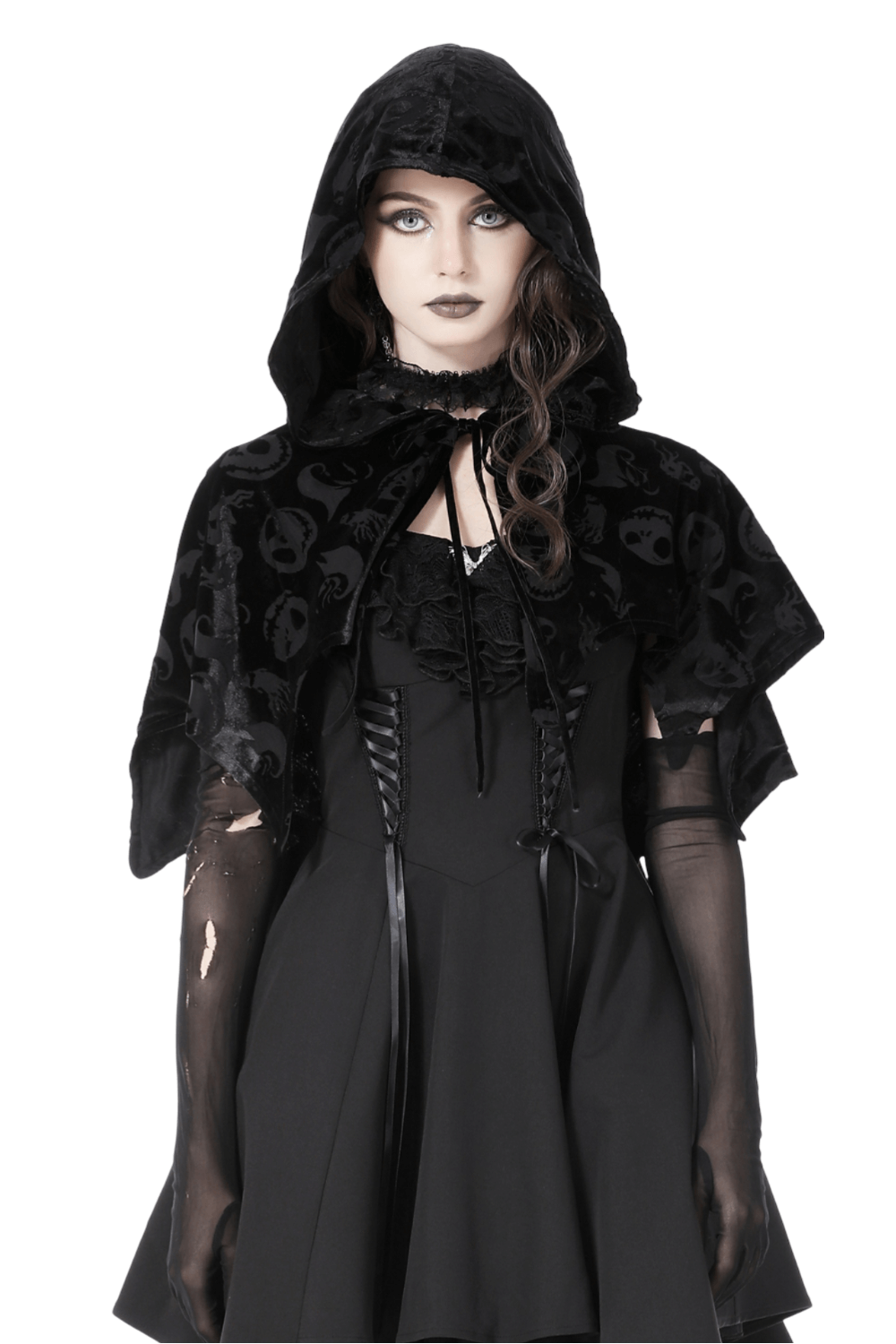 Gothic black velvet hooded cape with skull print, perfect for Halloween and cosplay, styled with eerie elegance.
