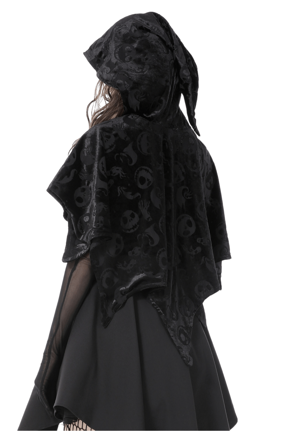 Black velvet hooded cape with skull print, perfect for Halloween costumes and gothic style.