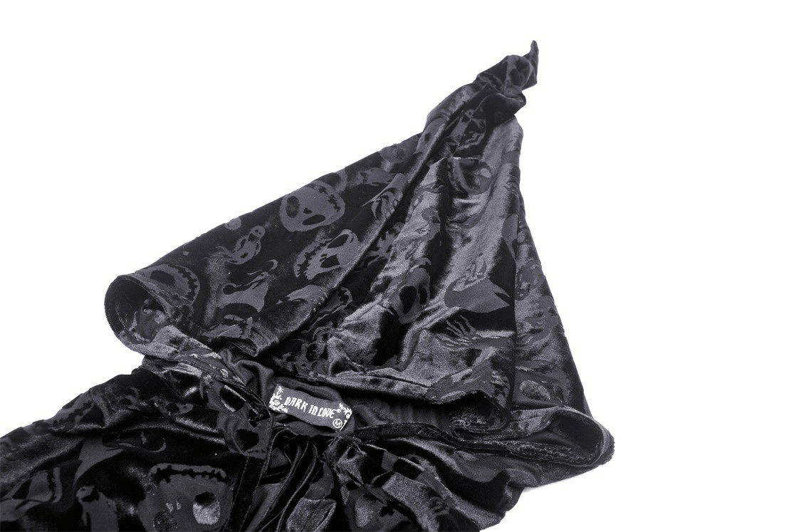 Black Velvet Hooded Cape With Skull Print Design