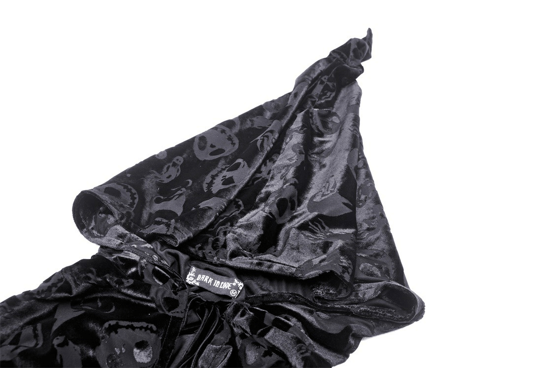 Black velvet hooded cape showcasing skull print design, perfect for gothic style and Halloween costumes.