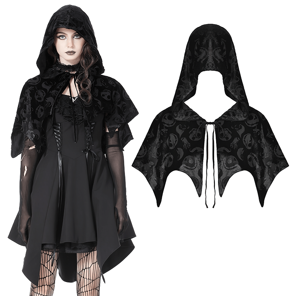 Gothic black velvet hooded cape with skull print, perfect for Halloween and cosplay.