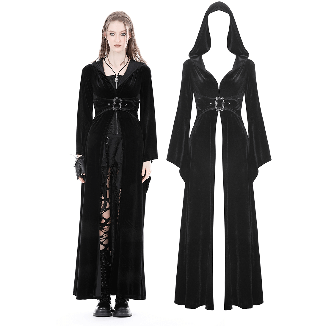 Dramatic black velvet hooded cloak with flowing silhouette and intricate belt, perfect for gothic style and Halloween.