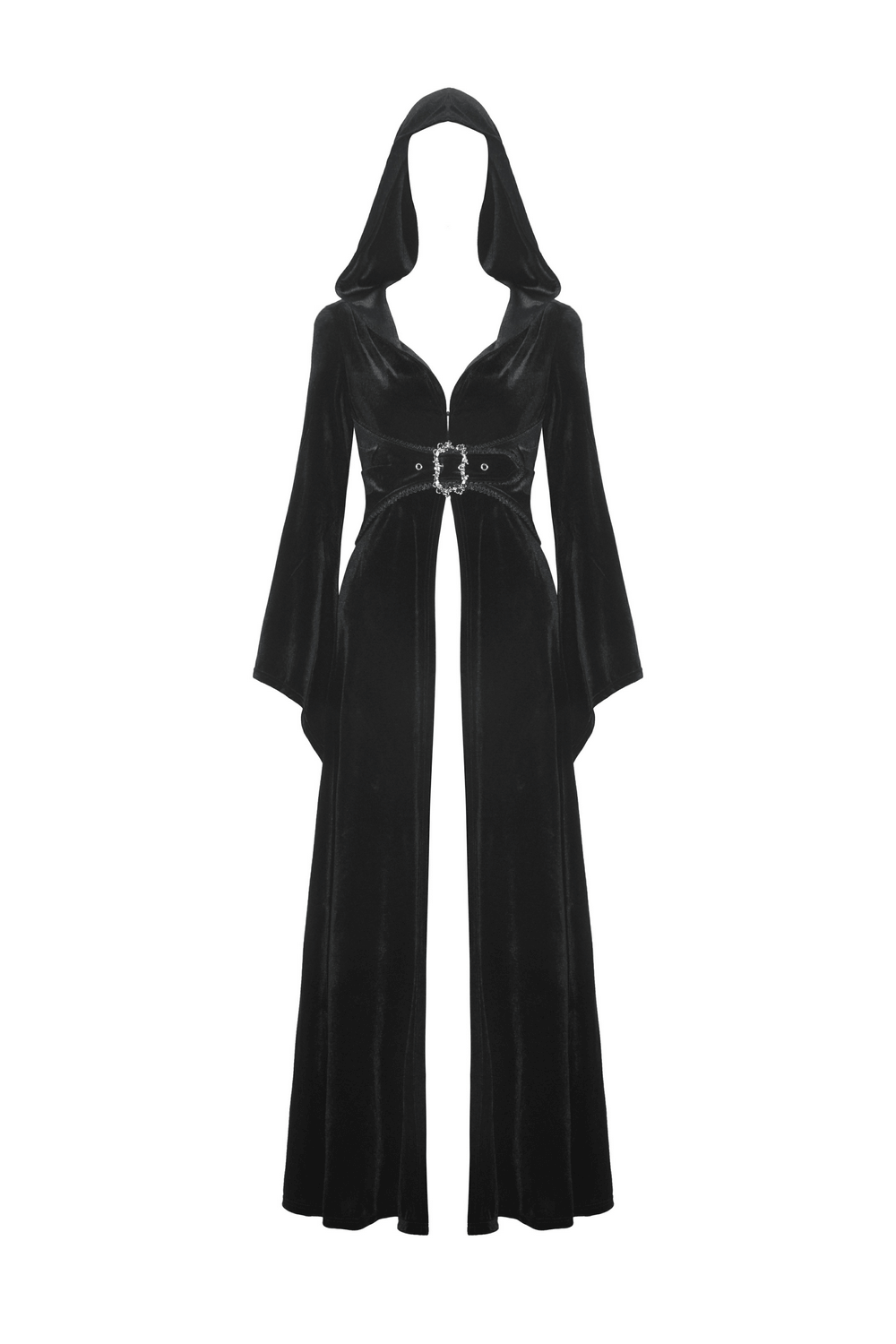 Dramatic black velvet hooded cloak with flowing sleeves and a regal belt for gothic sorceress style.