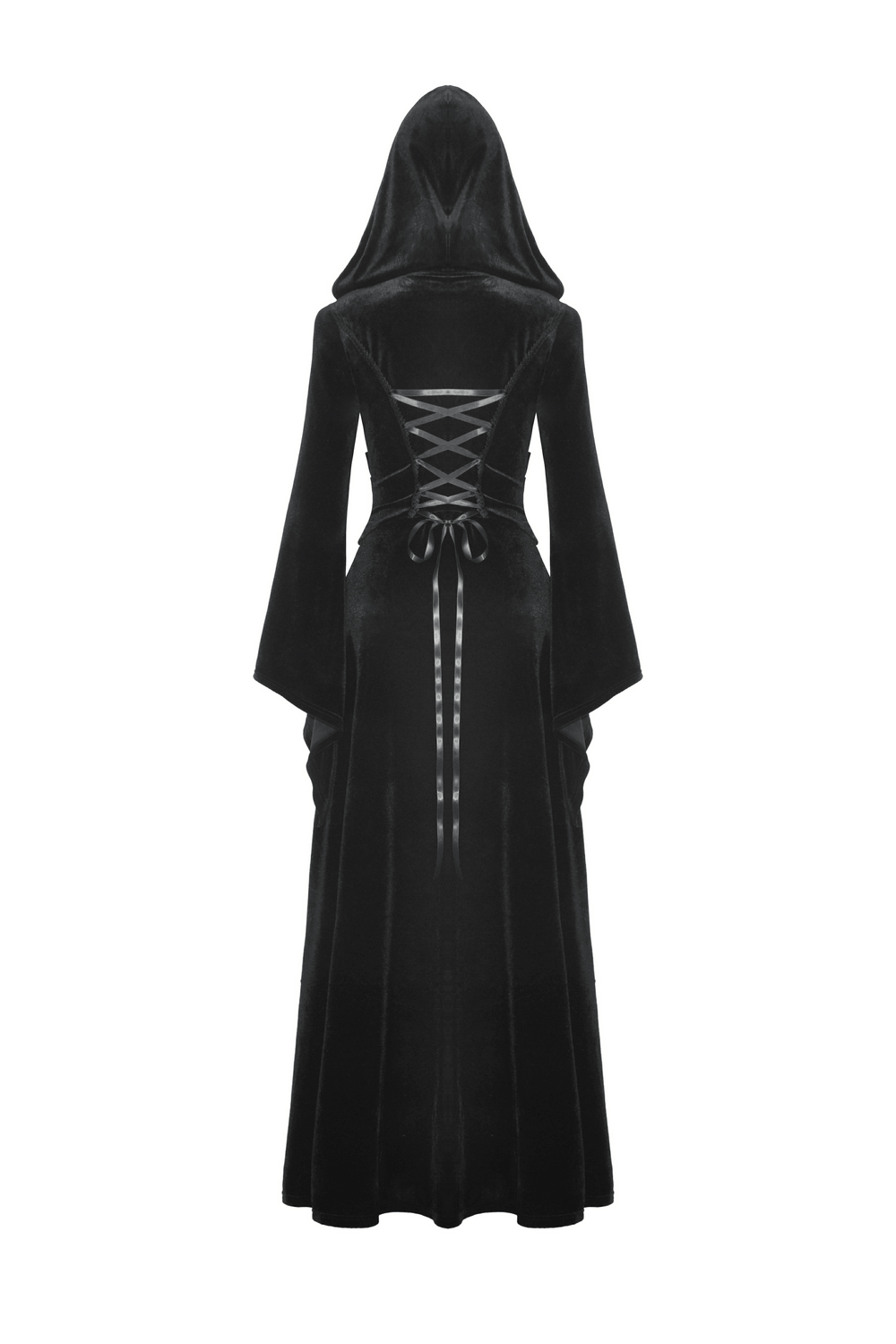 Elegant black velvet hooded cloak showcasing a lace-up back, perfect for gothic, witchy styles and dramatic occasions.