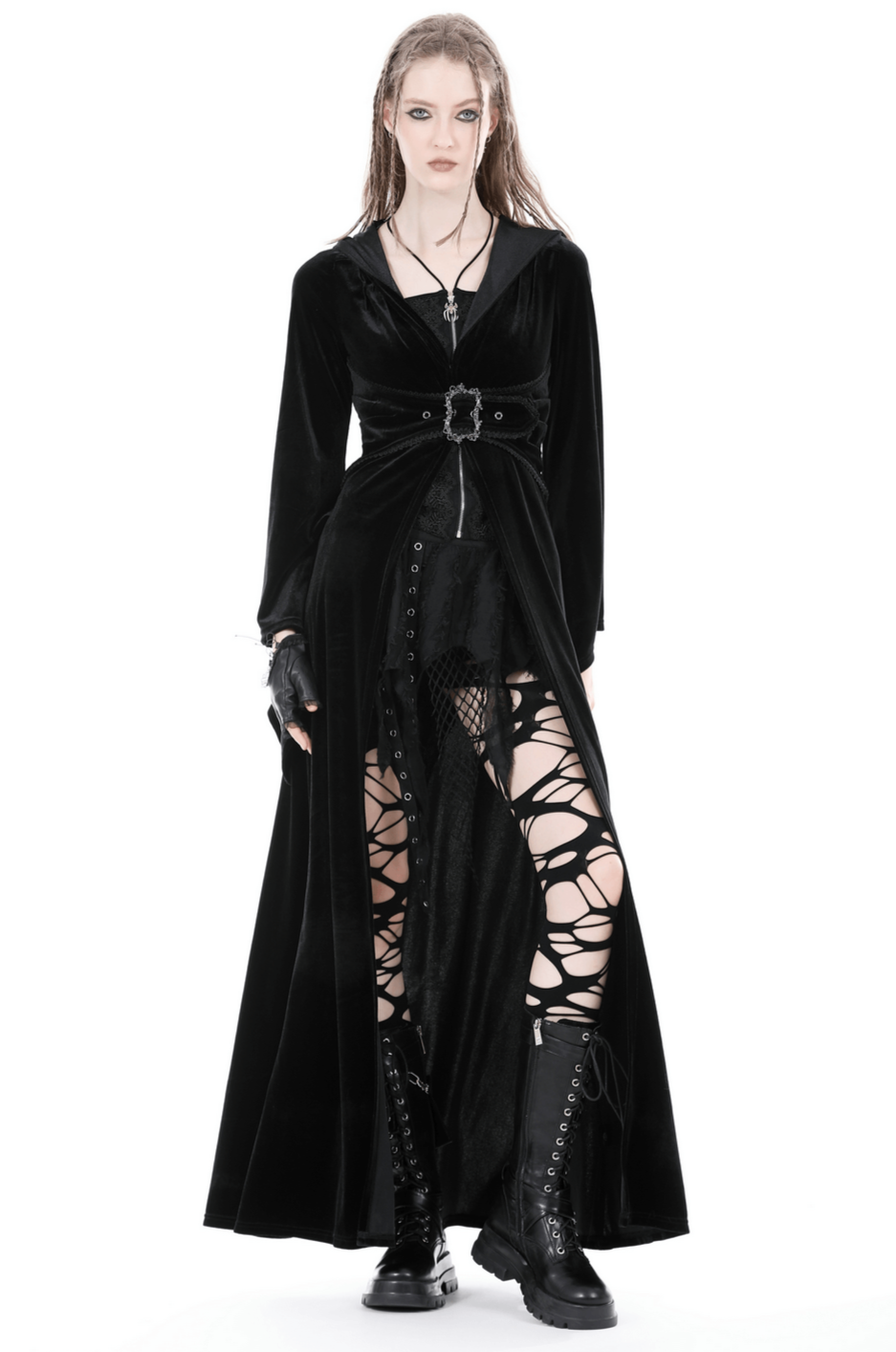 Dramatic black velvet cloak with a flowing silhouette, lace-up detail, and stylish boots for a gothic look.