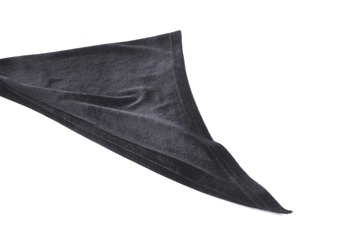 Luxurious black velvet fabric in a dramatic, flowing triangular shape, perfect for a hooded cloak.