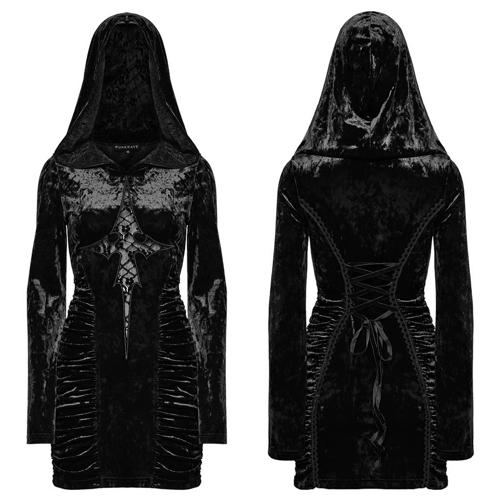 Black velvet lace cross dress with hood and ruched waist, perfect for gothic and alternative fashion.