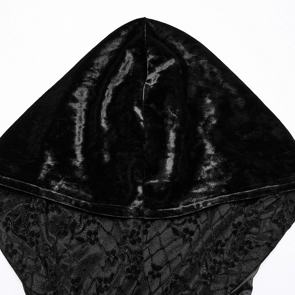 Black velvet hood featuring intricate lace detailing perfect for gothic style outfits.